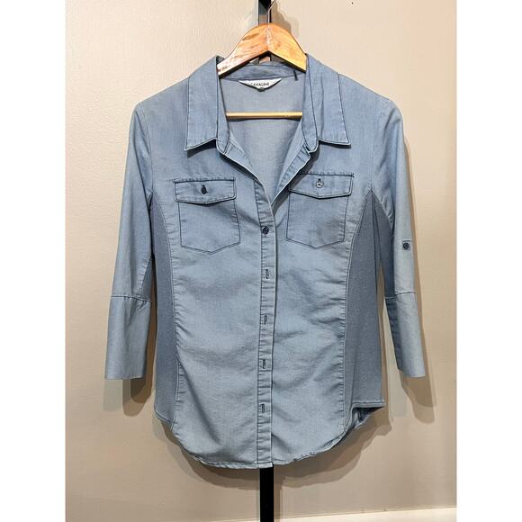 Cavalini Long Sleeve Pocket Collared Button-Up Shirt Blue Women's Size Large - Picture 2 of 7